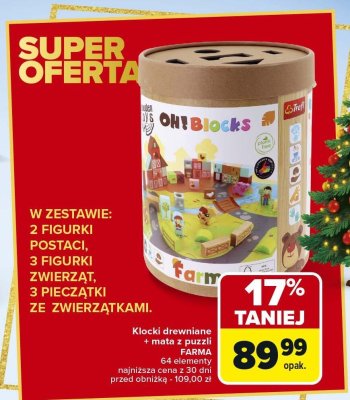 Klocki drewniane + mata z puzzli FARMA 64 elementy promocja w Carrefour