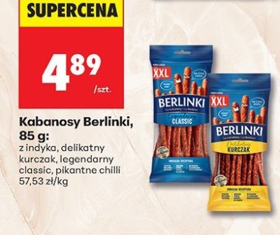 Kabanosy Berlinki, 85 g: z indyka, delikatny kurczak, legendarny classic, pikantne chilli promocja w Biedronka