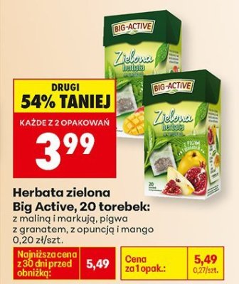 Herbata zielona Big Active, 20 torebek: z maliną i marukją, pigwa z granatem, z opuncją i mango promocja w Biedronka