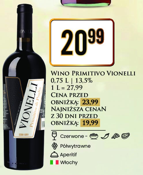 Wino półwytrawne Vionelli primitivo di puglia promocja