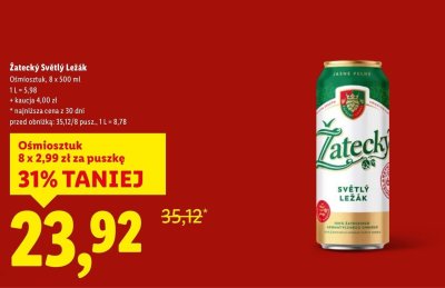 Piwo Żatecký Světlý Ležák ośmiosztuk 8 x 500 ml promocja w Lidl