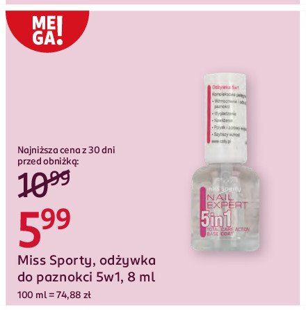 Odżywka do paznokci 5w1 Miss sporty nail expert promocja w Rossmann