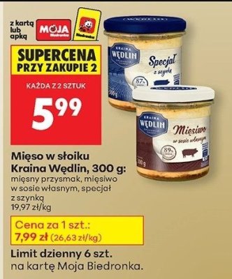 Mięso w słoiku Kraina Wędlin, 300 g: mięsny przysmak, mięsiwo w sosie własnym, specjał z szynką promocja w Biedronka