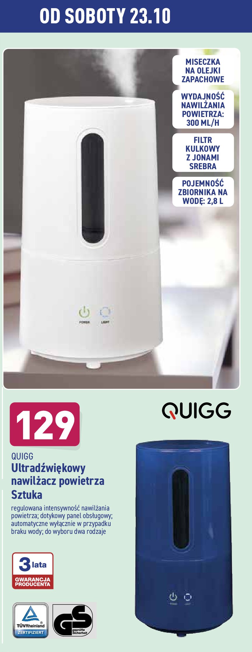 Ultradźwiękowy nawilżacz powietrza Quigg promocja