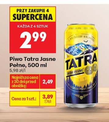 Piwo Tatra Jasne Pełne, 500 ml promocja w Biedronka