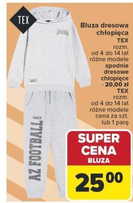 Bluza dresowa chłopięca TEX rozm. od 4 do 14 lat różne modele spodnie dresowe chłopięce - 20,00 zł TEX od 4 do 14 lat różne modele cena za szt. lub 1 parę promocja w Carrefour
