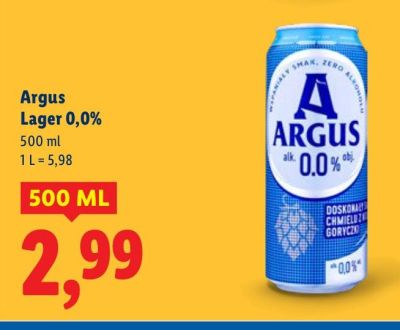 Piwo Argus Lager 0,0% promocja w Lidl