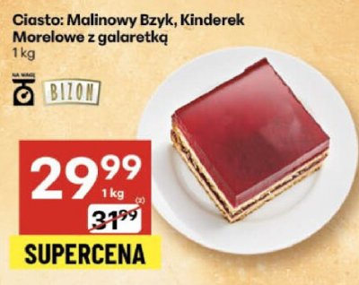 Ciasto Malinowy Bzyk, Kinderek Morelowe z galaretką promocja w Delikatesy Centrum