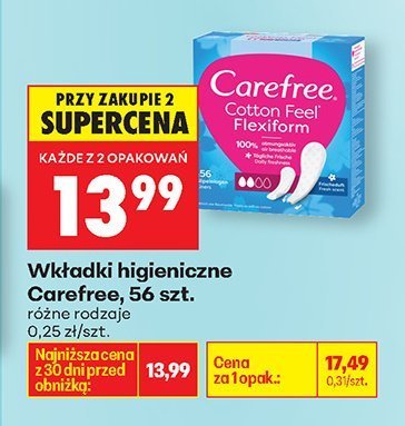 Wkładki higieniczne Carefree Cotton Feel Flexiform 56 szt. promocja w Biedronka