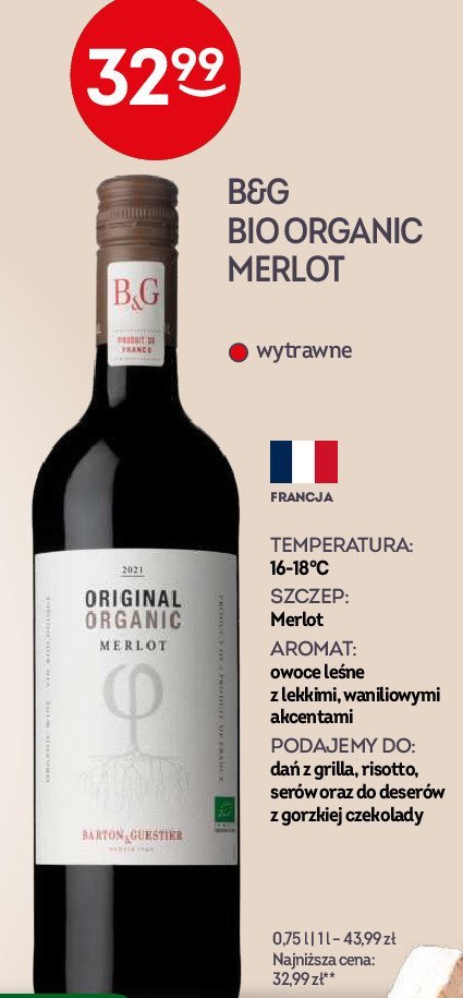 Wino B&g bio organic merlot promocja w Żabka