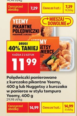 Polędwiczki panierowane z kurczaka pikantne Yeemy 400 g lub Nuggetsy z kurczaka w panierce w stylu tempura Yeemy promocja w Biedronka