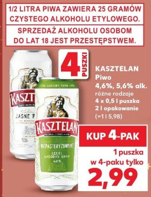 Piwo Kasztelan różne rodzaje 4,6%, 5,6% alk. 4 x 0,5 l puszka 21 szt opakowanie promocja w Kaufland