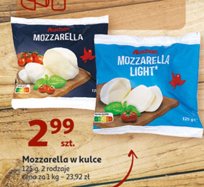 Mozzarella light Auchan różnorodne (logo czerwone) promocja