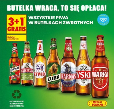 Wszystkie piwa w butelkach zwrotnych 3+1 GRATIS promocja w Biedronka