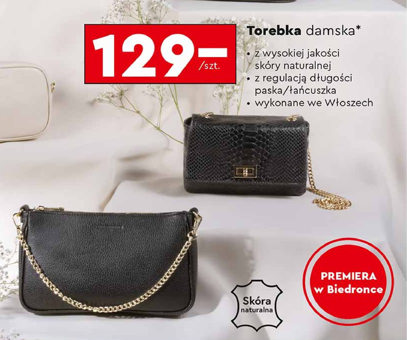 Torebka damska skórzana z łańcuszkiem promocja w Biedronka