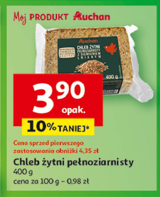 Chleb żytni pełnoziarnisty Auchan różnorodne (logo czerwone) promocja