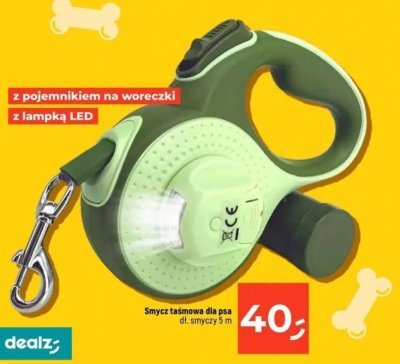 Smycz taśmowa dla psa dł. smyczy 5 m z pojemnikiem na woreczki z lampką LED promocja w Dealz