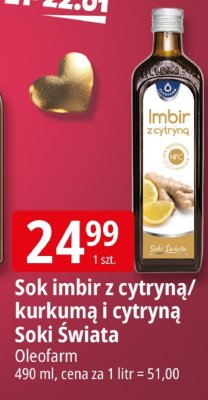 Sok imbir z cytryną/kurkumą i cytryną Soki Świata Oleofarm promocja w Leclerc