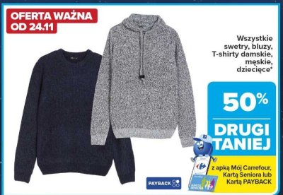 Swetry, bluzy, T-shirty damskie, męskie, dziecięce 50% taniej na drugi promocja w Carrefour