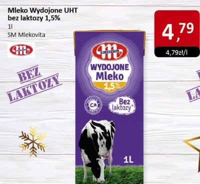 Mleko Wydojone UHT bez laktozy 1,5% 1l SM Mlekovita promocja w Market Point