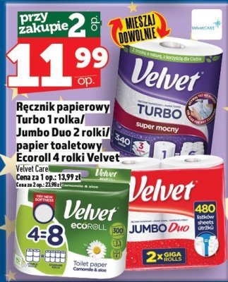 Ręcznik papierowy Turbo 1 rolka / Jumbo Duo 2 rolki / papier toaletowy Ecoroll 4 rolki Velvet promocja w TOPAZ