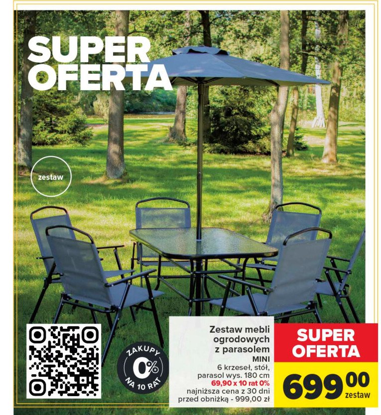 Zestaw mebli ogrodowych: 4 krzesła + stolik + parasol promocja