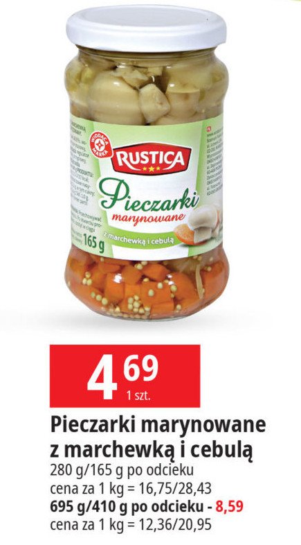 Pieczarki marynowane z marchewką i cebulą Wiodąca marka rustica promocja w Leclerc