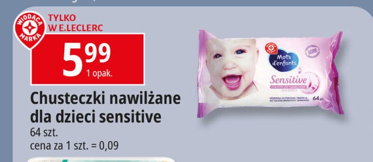 Chusteczki nawilżane sensitives Wiodąca marka mots d'enfants promocja w Leclerc