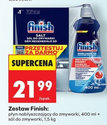 Zestaw Finish: Płyn nabłyszczający do zmywarki, 400 ml + sól do zmywarki, 1,5 kg promocja w Biedronka