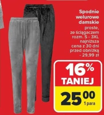 Spodnie welurowe damskie proste, ze ściągaczem rozm. S - 3XL Carrefour promocja w Carrefour