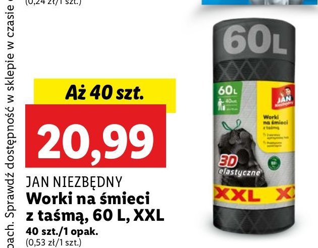 Worki na śmieci z taśmą 60 l Jan niezbędny promocja w Lidl