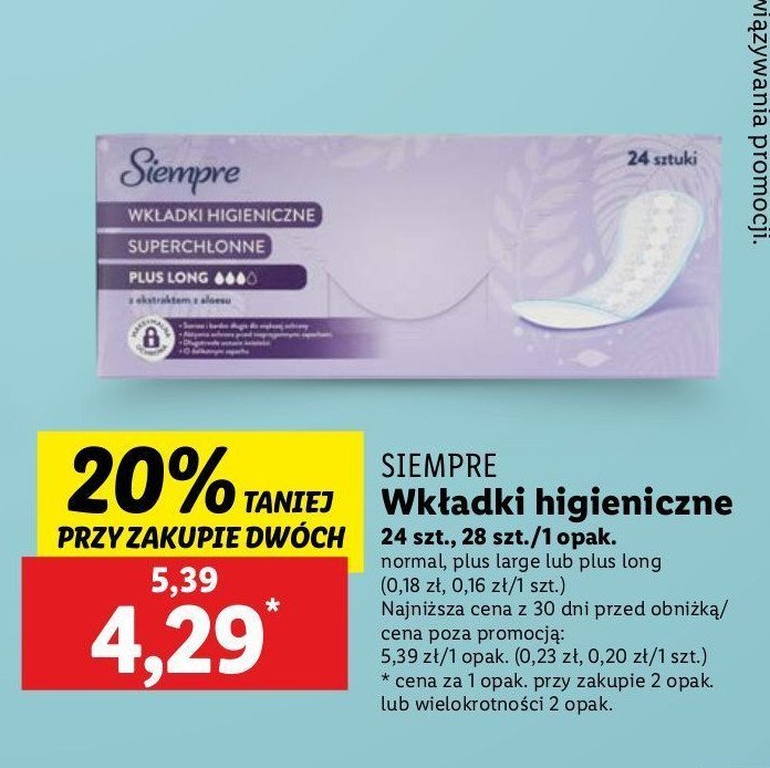 Wkładki higieniczne large plus Siempre promocja