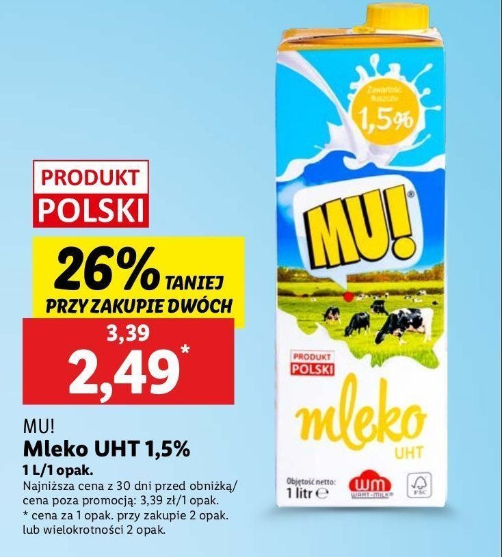 Mleko 1.5% Mu! promocja w Lidl