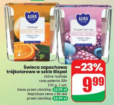 Świeca zapachowa trójkolorowa w szkle Bispol różne rodzaje Orange, Frozen berries promocja w Dino
