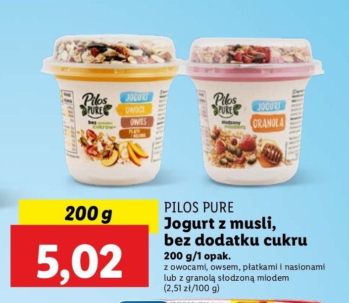 Jogurt owoce owies płatki i nasiona Pilos pure promocja