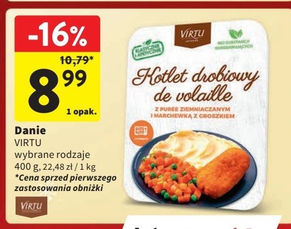 Kotlet drobiowy de volaille z puree ziemniaczanym i marchewką z groszkiem Virtu promocja