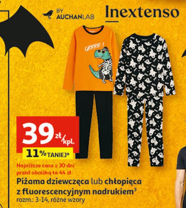 Piżama dziewczęca z fluorescencyjnym nadrukiem 3-14 lat Auchan inextenso promocja