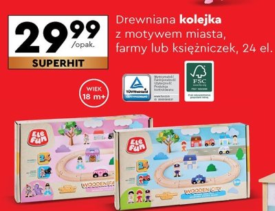 Drewniana kolejka z motywem miasta, farmy lub księżniczek Ele Fun promocja w Biedronka