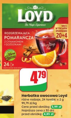 Herbatka rozgrzewająca pomarańczowa z goździkami i cynamonem Loyd promocja w Dino