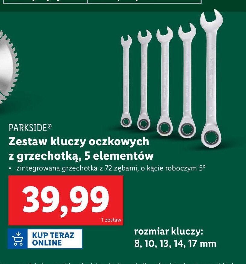 Zestaw kluczy płasko-oczkowych z grzechotą 8/10/13/14/17 mm Parkside promocja w Lidl