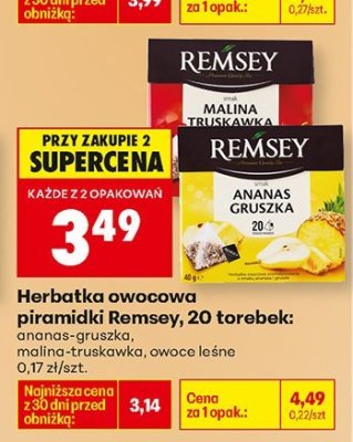 Herbatka owocowa piramidki Remsey, 20 torebek: ananas-gruszka, malina-truskawka, owoce leśne promocja w Biedronka