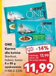 Karma dla kota indoor formula cielęcina z marchewką + tuńczyk z zieloną fasolką Purina one promocja
