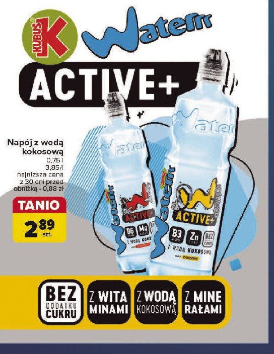 Woda o smaku cytrusowym z wod膮 kokosow膮 Kubu艣 waterrr promocja