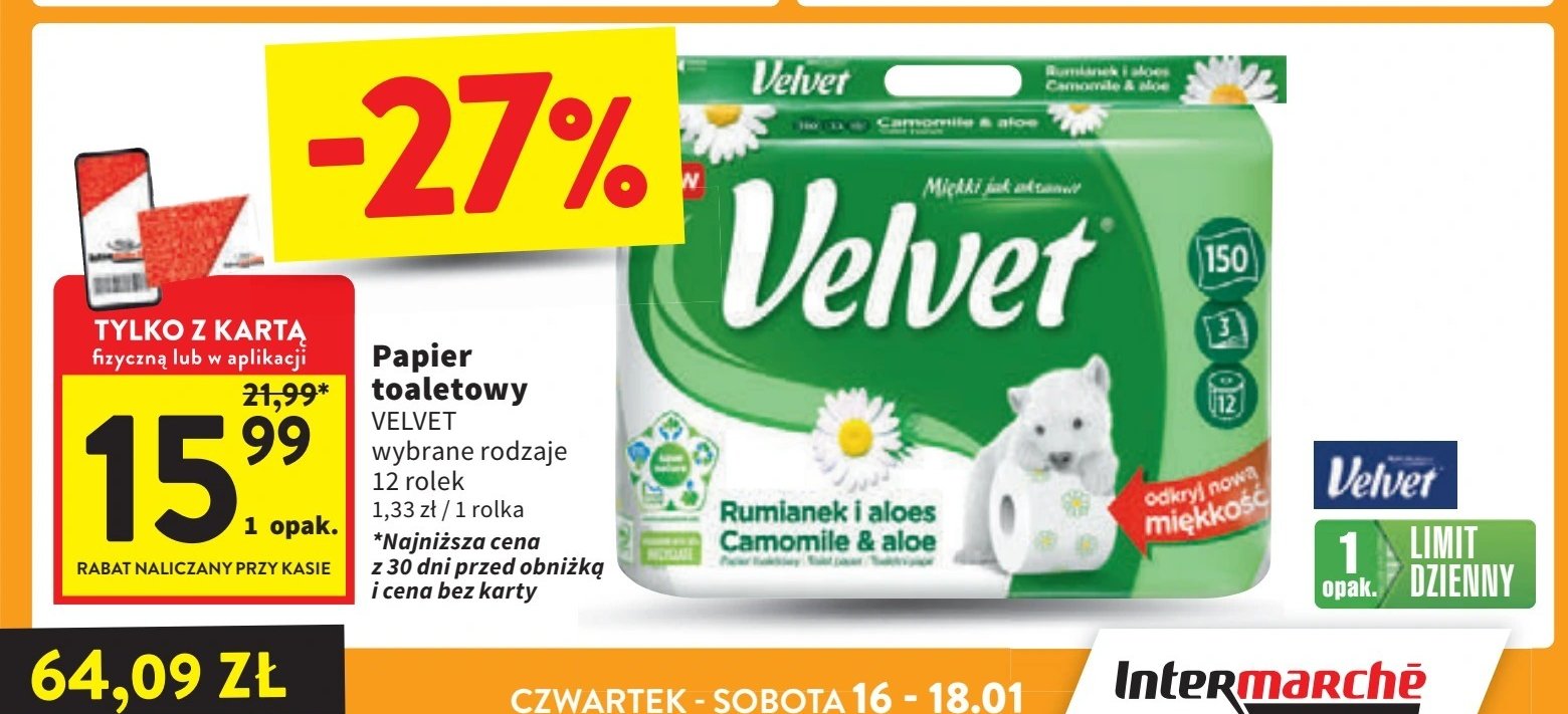 Papier toaletowy rumianek & aloes Velvet promocja w Intermarche