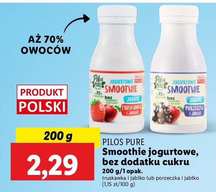 Jogurtowe smoothie truskawka i jabłko Pilos pure promocja