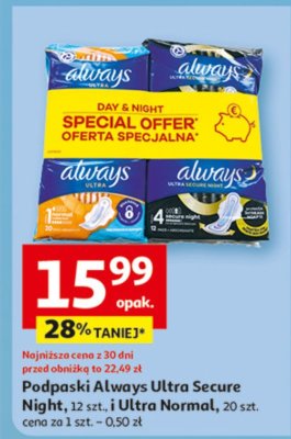 Podpaski Always Ultra Secure Night, 12 szt. i Ultra Normal, 20 szt. promocja w Auchan