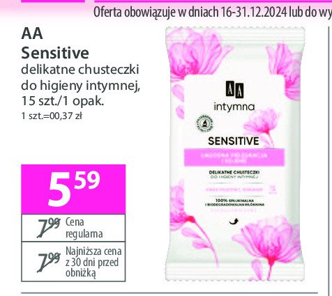 Delikatne chusteczki do higieny intymnej sensitive Aa intymna promocja