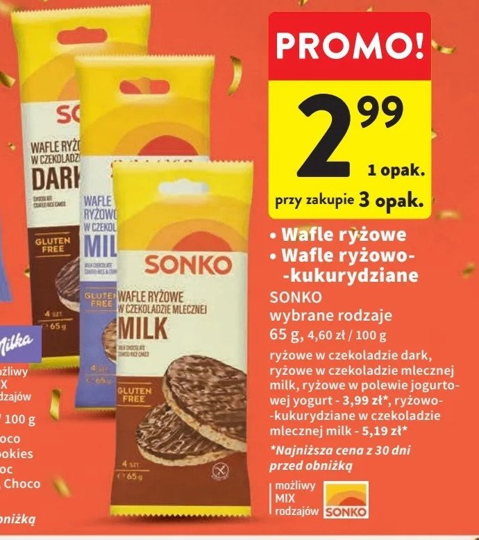 Wafle ryżowo-kukurydziane w czekoladzie mlecznej Sonko promocja