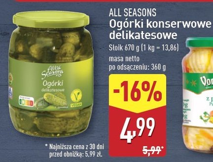 Ogórki konserwowe All seasons promocja w Aldi