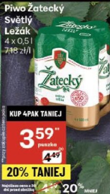 Piwo Żatecký Svĕtlý Ležák 4 x 0,5l promocja w Delikatesy Centrum